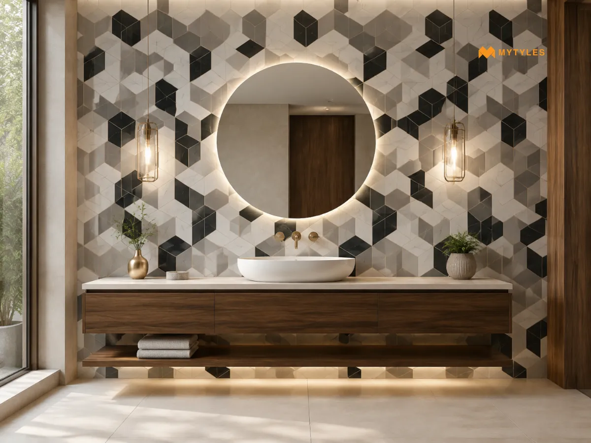 Glossy Geometrical 3D Wall Tile In Bathroom Wall